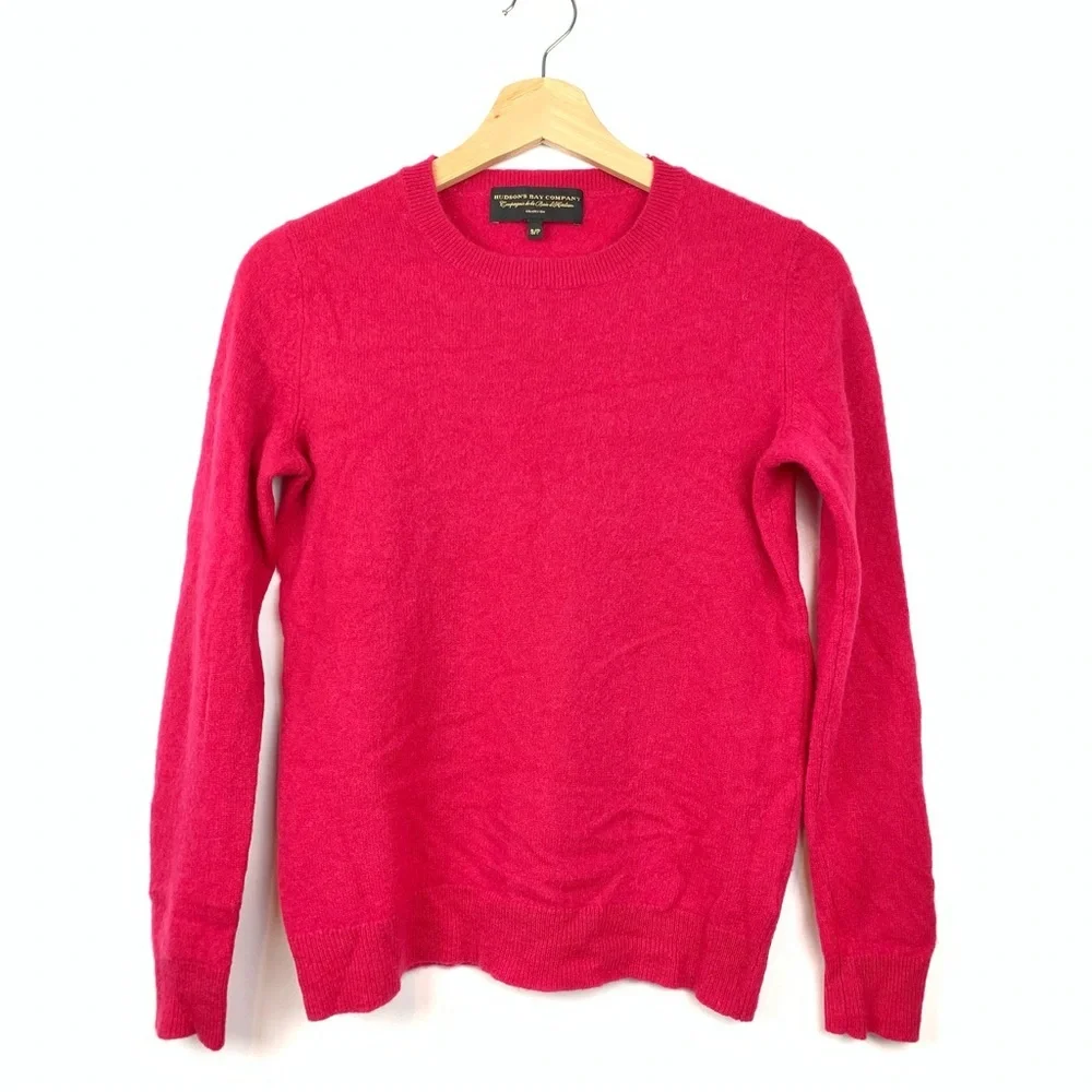 Cashmere Sweater Fushia Pink Sz Small Hudson’s Bay Crew Neck Quiet Luxury Soft - Picture 1 of 11